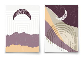 Set of contemporary aesthetic art print templates. Mid century moon, arc and mountains minimalist landscape illustration. Modern trendy boho wall decor. 