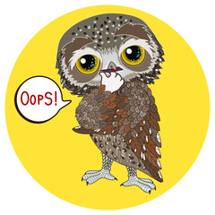 confused owl emoticon saying Oops with a speech bubble, cartoon character, yellow circle vector icon on white isolated background