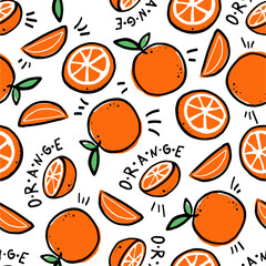 Seamless pattern with orange. Hand drawn endless wallpaper citrus. Half orange. Slice.