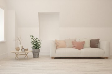 White living room with sofa. Scandinavian interior design. 3D illustration
