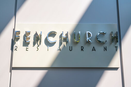 Fenchurch Restaurant logo at The Sky Garden.It features a stylish restaurant; brasserie and cocktail bar - London,England, 5th August 2018