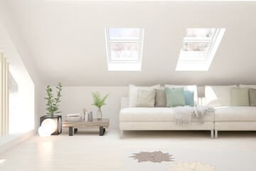 White living room with sofa. Scandinavian interior design. 3D illustration