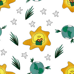 Obraz premium Seamless pattern cosmic christmas planet earth sun christmas tree for decorating booklets, brochures, stands, leaflets, web sites, sites, gadgets, souvenirs, packaging design, invitation, books.
