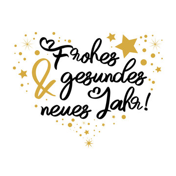 Frohes und gesundes neues Jahr - Neujahrsgruss schwarz und gold auf wei&szlig;em Hintergrund - deutsch.