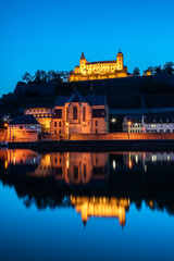 Marienberg Fortress vertical view at dusk in Wurzburg, Germany