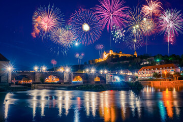 Fireworks panorama of Wurzburg in Bavaria, Germany, view of the Marienberg Fortress 