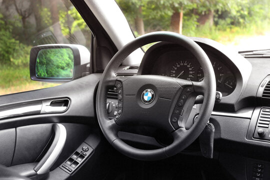 Chernihiv, Ukraine - June 16, 2018: SUV. BMW X5. Car interior luxury service. Car interior details. View of the interior of a modern automobile
