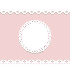 lacy frame and border template. cute round doily on pink background with scallop border. vector template for baby shower, wedding and farm products design. decoration elements, vintage country label