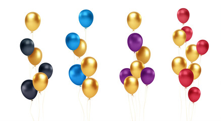 Set of festive bouquets of gold, blue, red, black and purple balloons isolated on white background. Vector illustration - obrazy, fototapety, plakaty