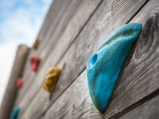 Blue climbing grip on a board for exercising