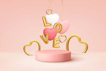Empty pink product podium scene with pink and white heart shape balloons and gold word love balloons. Design concept for Happy Valentines Day. Vector illustration
