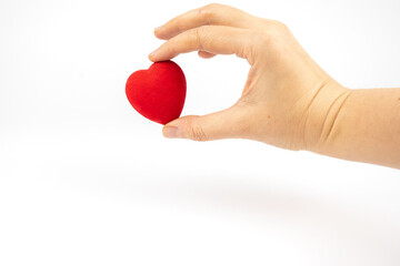 Red heart in a hand on white background