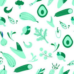 hand drawn red and green fruits, berries, vegetables. Flat pepper, tomato, leek, broccoli, garnet, cucumber. Vegetarian healthy food vector texture. Vegan, farm, organic, detox. Seamless pattern 