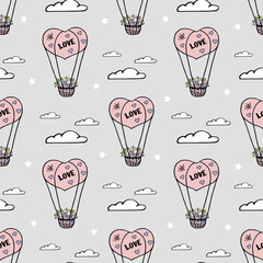 Seamless pattern with hot air balloon in the clouds. Cute, funny pattern. Hand drawing doodle. Nice, funny drawing. Vector.