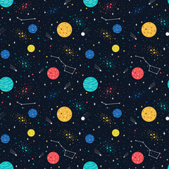 Seamless childish pattern with space elements, star.Creative nursery background. Nice, funny drawing. Vector. Perfect for kids design, fabric, wrapping, wallpaper, textile, apparel.