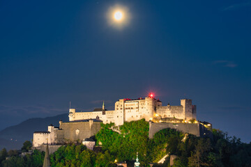 Salzburg Festung Hohensalzburg fortress at night. Austria