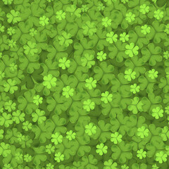 Vector seamless clover tile irish shamrock falling leaves on green background. Pattren irish symbol Good Luck, Vector pattern for Saint Patrick's day background with clover leaves or shamrocks