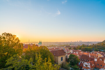 Prague's rooftop view at sunrise in Czech Republic 