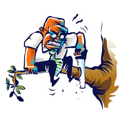 A man cutting a tree branch on which he is sitting. 