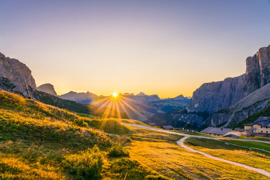 Passo di val Gardena valley at sunrise. Dolomites Alps. Italy