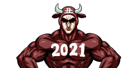 丑年,2021,年賀状,牛,うし,劇画,漫画,筋肉,ボディビル,マッチョ,ポーズ,正面,白背景,