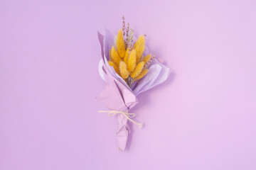 flowers bouquet in pastel colors over background. Greeting card template with copy space.Mother's day, Valentine's day, birthday, spring, summer concept. Flat lay