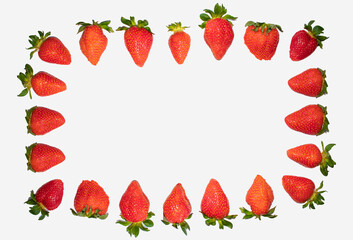 Sliced, half piece strawberries in square shape frame, for postcards, greeting card template, lot of fresh, red berries pattern, green leafs, white cutting path,
