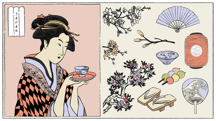 Set of Japan design elements. Geisha Woman Illustration. Hand drawn vector illustration.