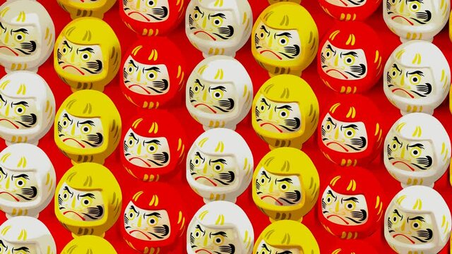 3 colors Daruma dolls on red background.
Loop able animation for background.