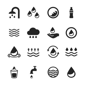 Water icons set isolated on background. Collection of modern water icons for design elements, label, pictogram,  sign, symbol and logo template. Water drop icons. Water icons vector