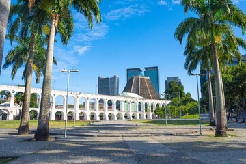 View of Lapa Arches with Cathedral Building in the background - Rio de Janeiro, Brazil