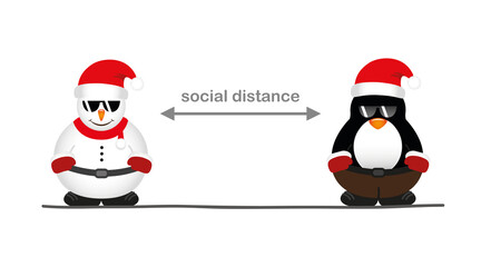 cute snowman and penguin cartoon with sunglasses social distance concept vector illustration EPS10