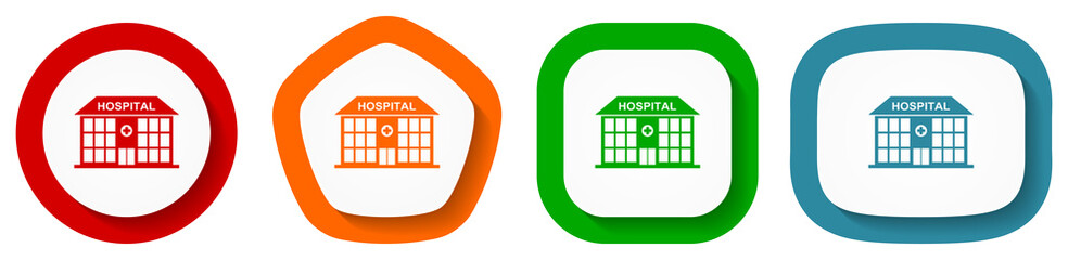 Hospital building vector icon set, emergency flat design buttons on white background