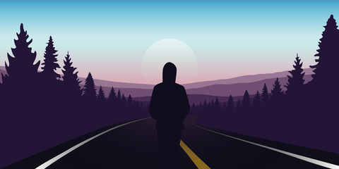 girl stad on the asphalt road and looks to the mountains vector illustration EPS10