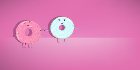 Fun donuts. Banner for coffe shop,bakery. Vector illustration.