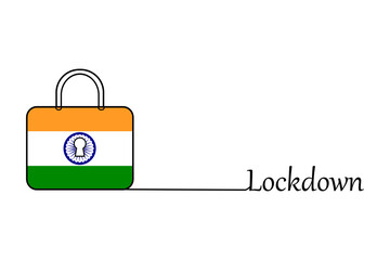 India lockdown preventing coronavirus spread or outbreak. Vector illustration. Continuous one line drawing lock with Indian flag and lettering Lockdown.