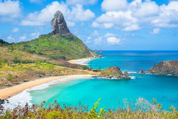 Beautiful view of Conceicao and Middle Beaches with Peak Hill (Morro do Pico) in the brackground, Fernando de Noronha Island - Brazil