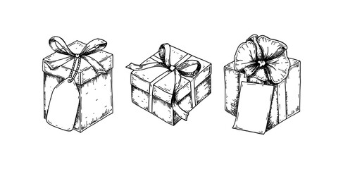 Set of hand drawn luxury gift boxes. Vector illustration in a sketch style isolated on white background