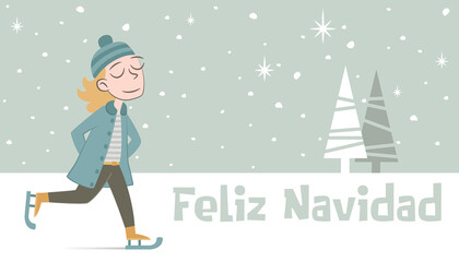 Christmas greeting in Spanish with girl skating. Christmas greeting in retro style with a girl ice skating. The text is in Spanish.