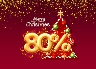 Merry Christmas, sale 80 off ballon number on the red background.