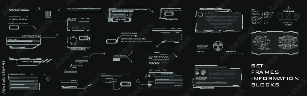 Poster set of frames and callouts with information. futuristic user interface screen elements set hud, gui,