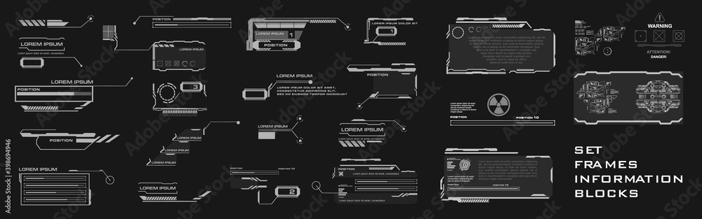 Poster set of frames and callouts with information. futuristic user interface screen elements set hud, gui,