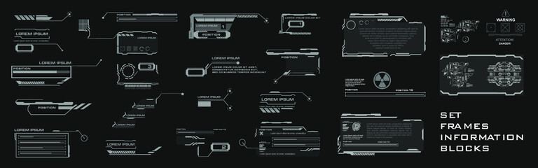 Set of frames and callouts with information. Futuristic user interface screen elements set HUD, GUI, UI. High-tech screen for video games with warning running frame. Vector