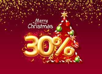 Merry Christmas, sale 30 off ballon number on the red background.