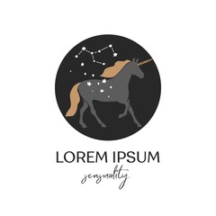 Sign with a unicorn with stars on a black circle. Symbol of the horse with the constellations. Concept of a magical, mystical elements isolated on a white background. Flat vector illustration