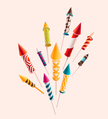 Fireworks set rocket. Colorful vector decoration 3d object. - 398695577