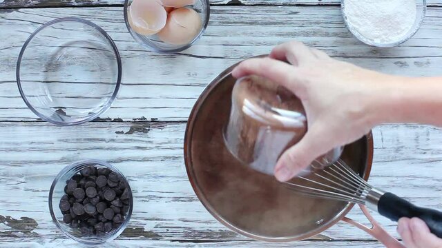 Woman Preparing Baking Homemade Brownies Or Chocolate Cake. Top View.