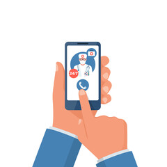 Call doctor 24 7. Medical advice online. Human calls doctor with a smartphone. Ambulance concept. Vector illustration flat design. Phone in hand. Doctor in a protective mask on the face.