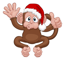 A Christmas monkey animal cartoon character in a Santa hat giving thumbs up and waving