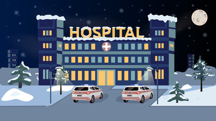 Medical clinic with ambulances. Outside view of the hospital at night. Winter evening. Snow in the city on the building. Health care. Medicine. Vector